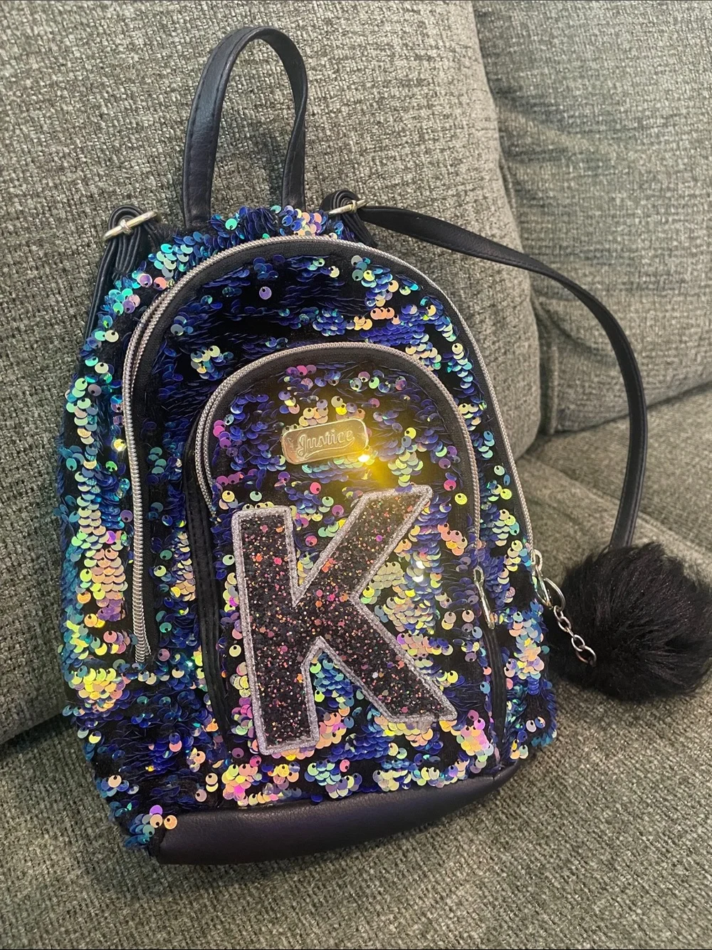 Justice-Kids Sequined Mini Backpack with Sparkle 'K' Accent - Blue/Purple